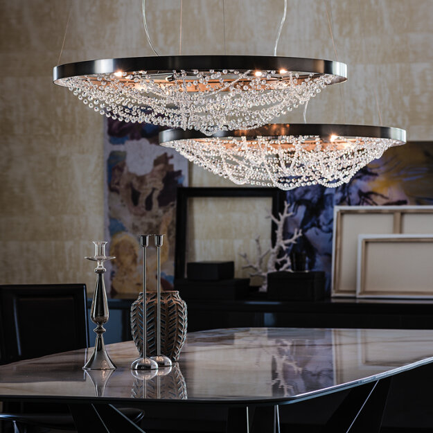 Lampa wisząca Cristal firmy Cattelan Italia z ramą z niklowanej stali i abażurem z kryształowymi zawieszkami
