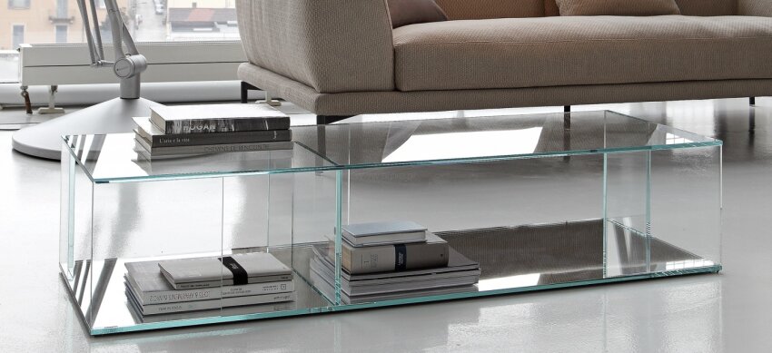 Stolik kawowy Folio firmy Bonaldo - ze szkła przezroczystego lub dymnego